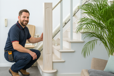 Blue chair of stairlift at the bottom of the stairlift Blue chair of stairlift at the bottom of the stairlift